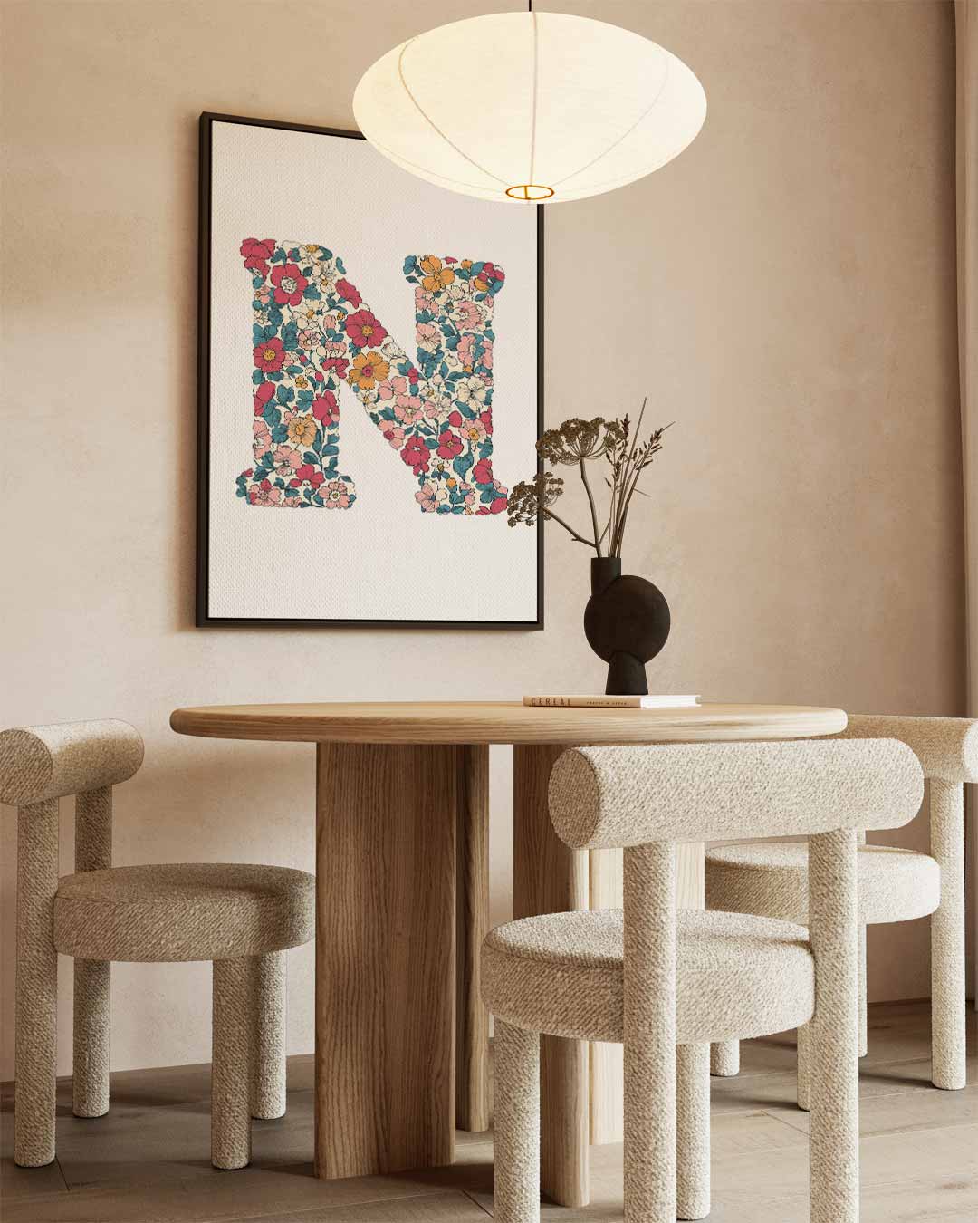 Bloemen Monogram N Kunstwerk-canvas-dibond-plexiglas-wanddecoratie-WallArtistic
