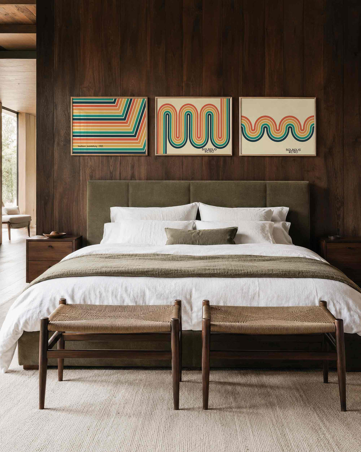 Interieurmockup van drieluik landscape-posterset met gestreepte bogen en golven