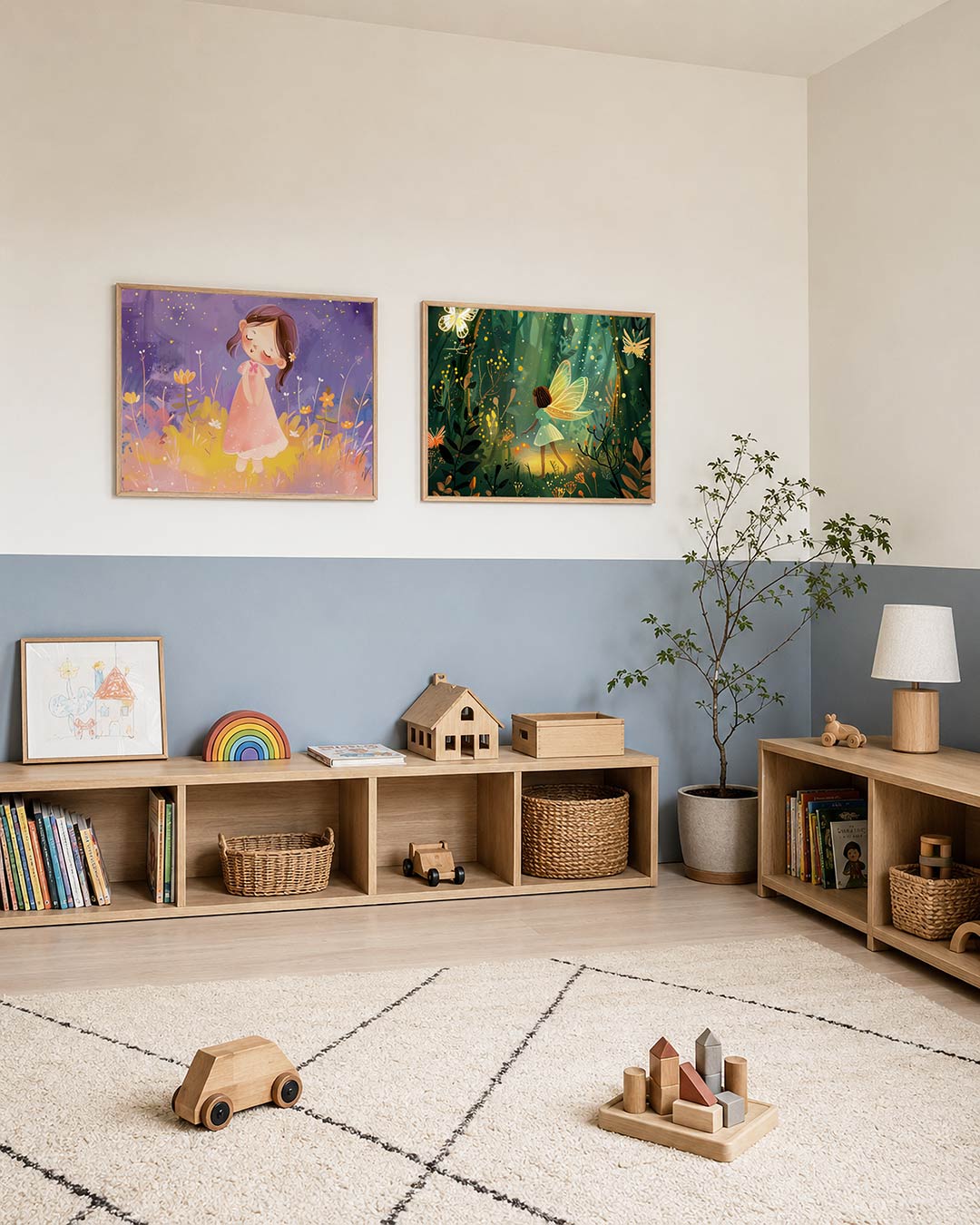 Interieurpresentatie van twee posters met een meisje in een roze jurk tussen kleurrijke bloemen