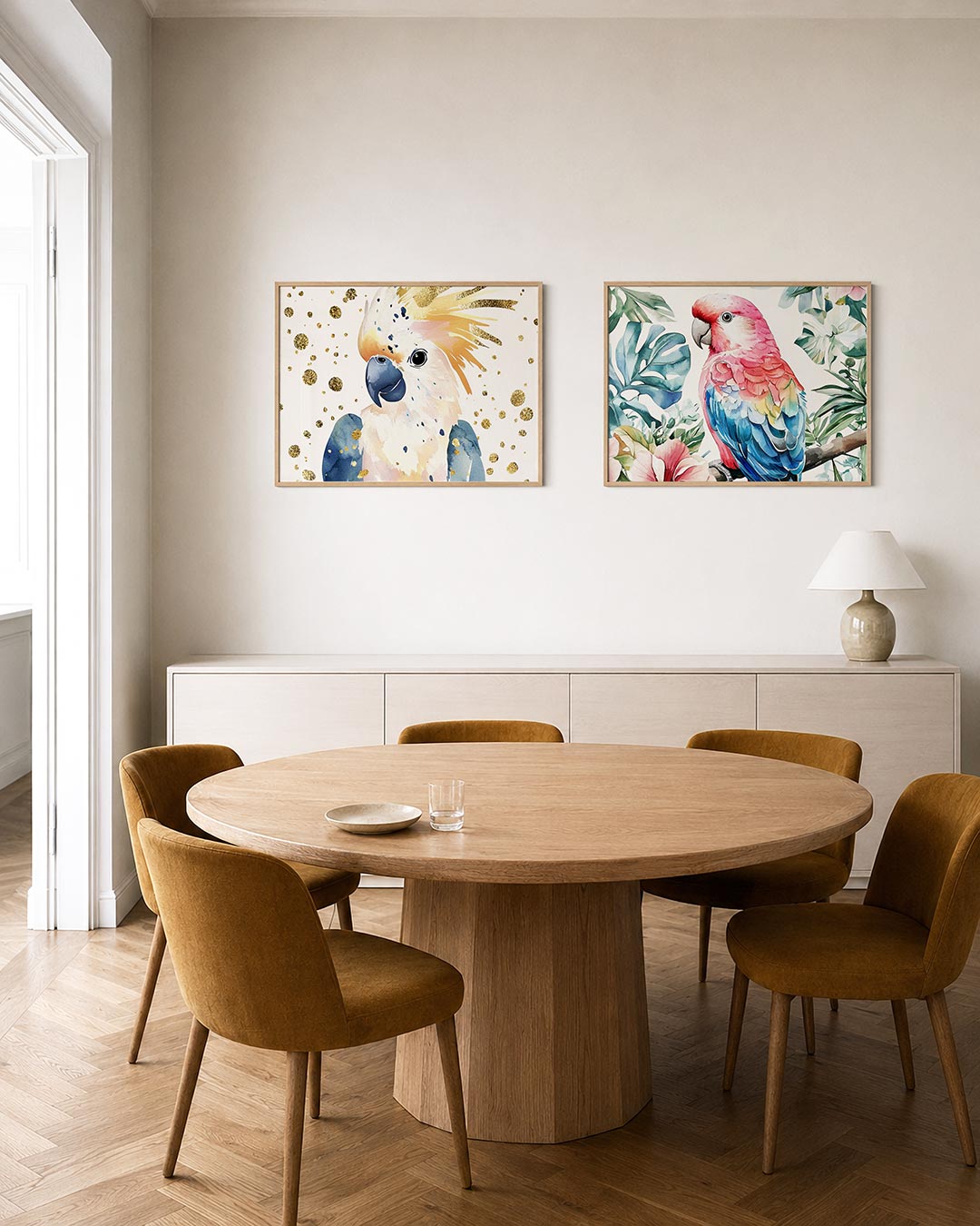 Tweedelige posterset met een kleurrijke vogel met blauwe en oranje tinten, getoond in een interieur