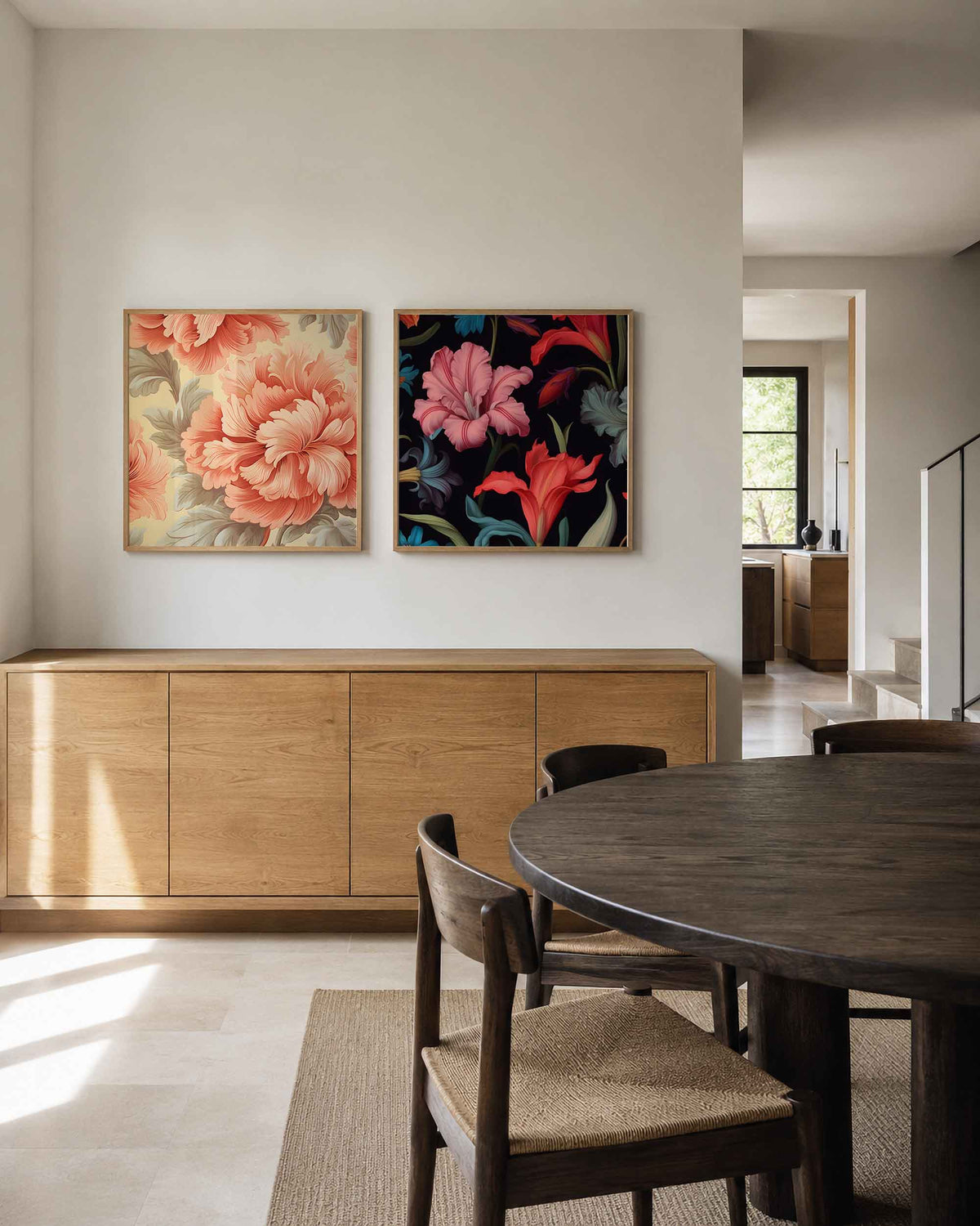 Interieurpresentatie van een tweedelige vierkante posterset met bloemen in koraal
