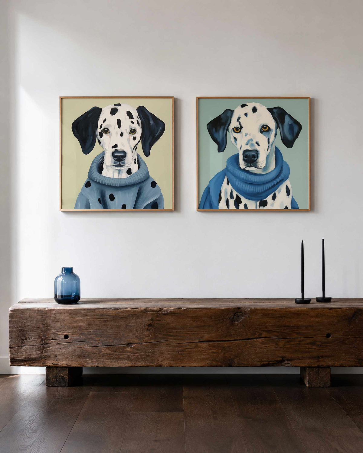Interieurpresentatie van een tweedelige vierkante posterset met dalmatiër portretten
