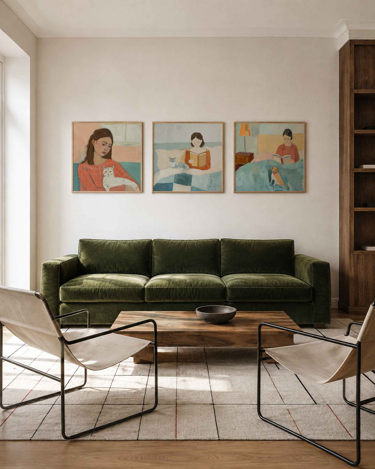 Interieurpresentatie van een driedelige vierkante posterset met vrouwen met huisdieren