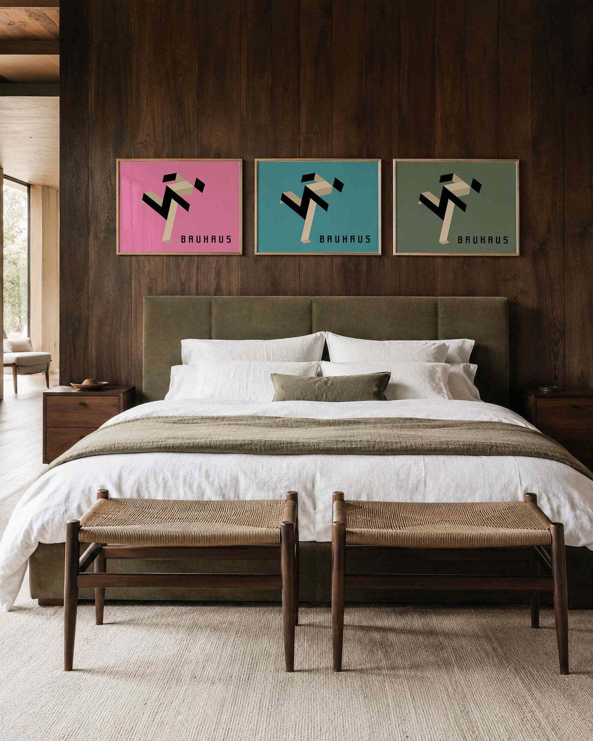 Interieurmockup van drieluik landscape-posterset met vouwlint in kleurvlakken