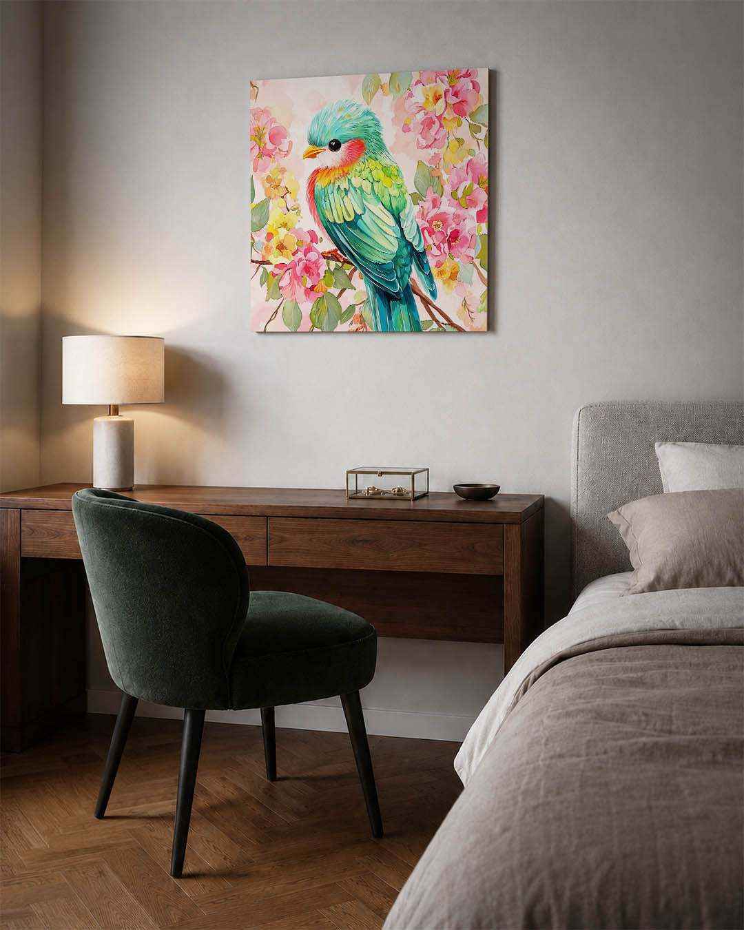 Vrolijke vogel en bloemen Kunstwerk