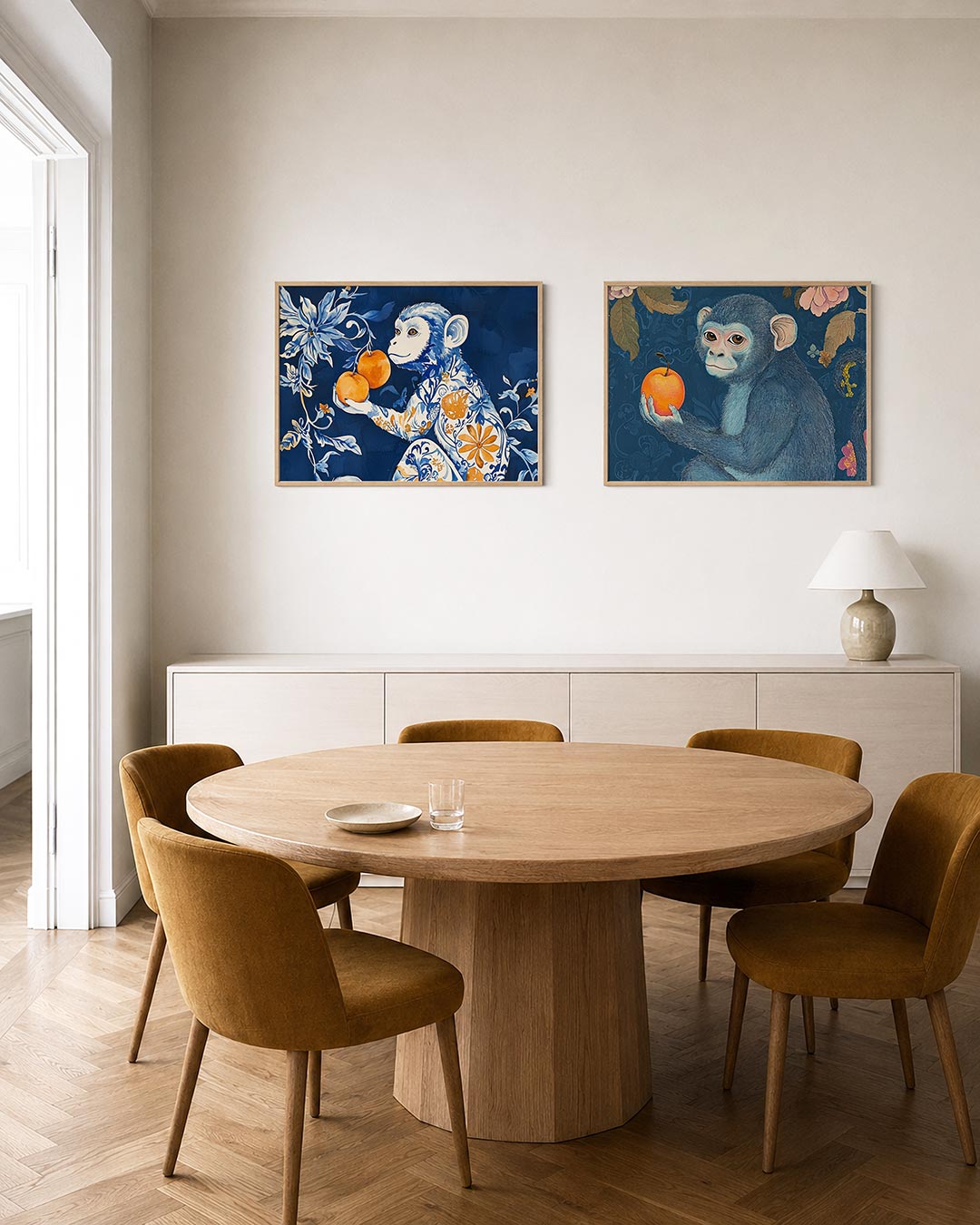 Interieurpresentatie van twee posters met een speelse aap met blauwe en oranje bloemenpatronen