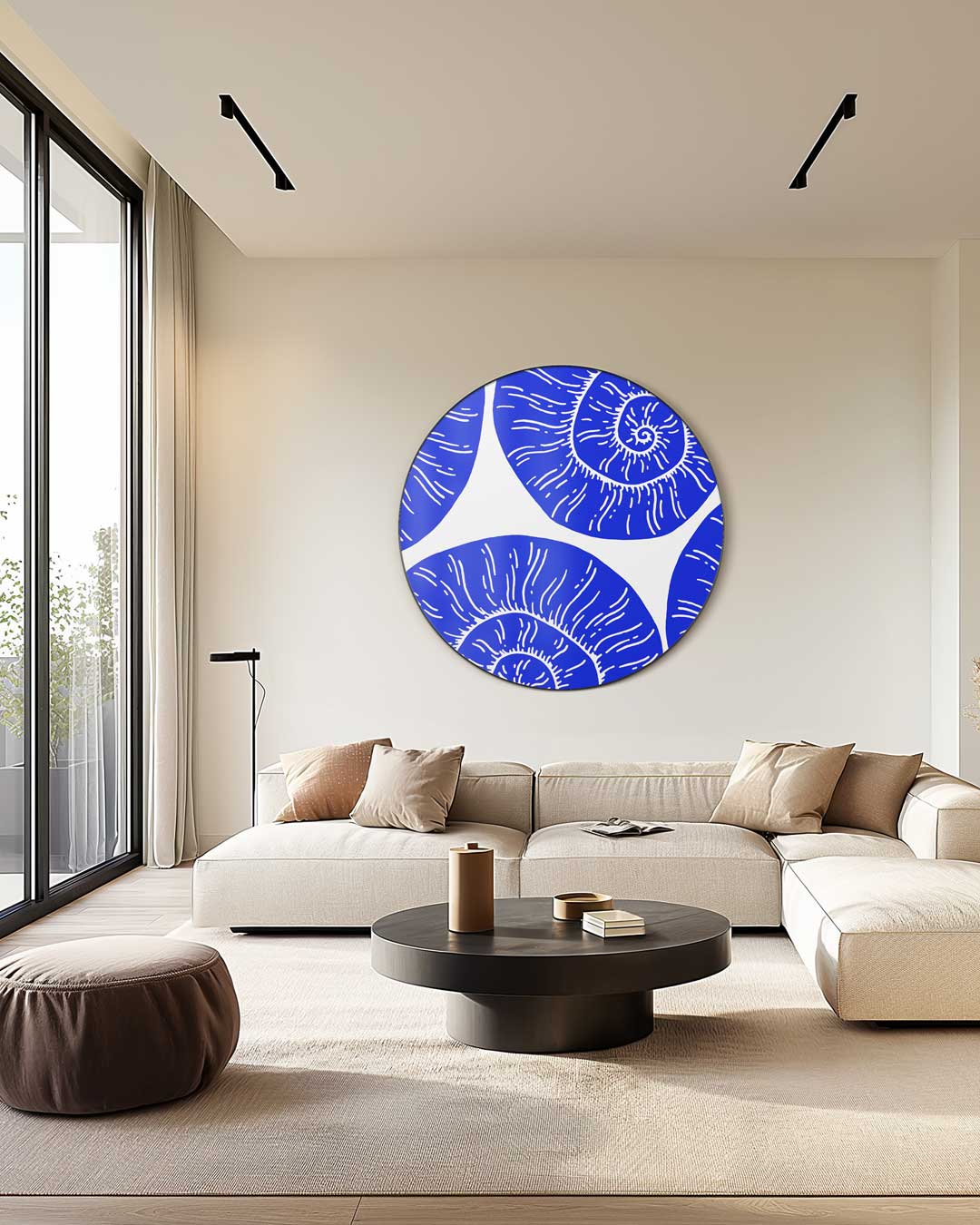 Moderne Blauwe Schelp Muurcirkel-WallArtistic