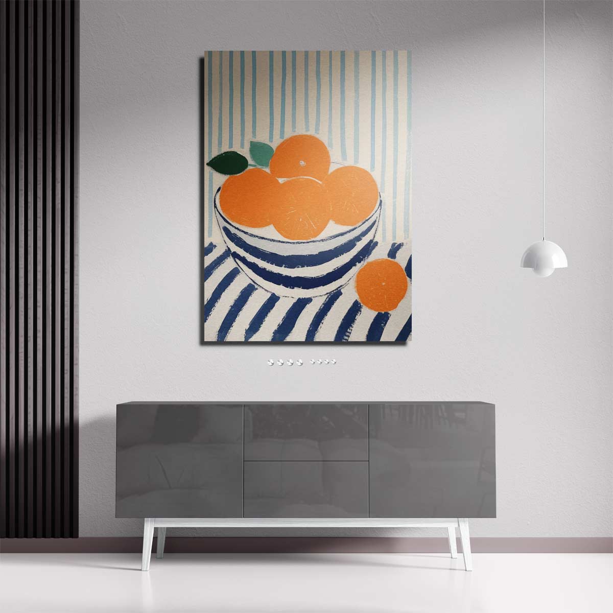 Blauwe kom met sinaasappels op gestreept tafelkleed Kunstwerk-canvas-dibond-plexiglas-wanddecoratie-WallArtistic