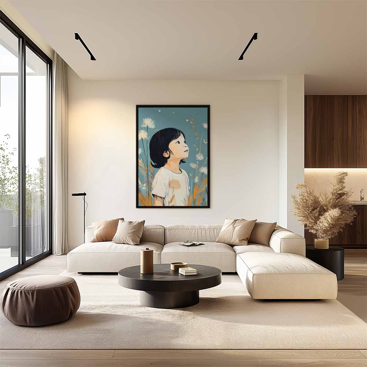 Dromerig Kind in Bloeiende Natuur Kunstwerk-canvas-dibond-plexiglas-wanddecoratie-WallArtistic