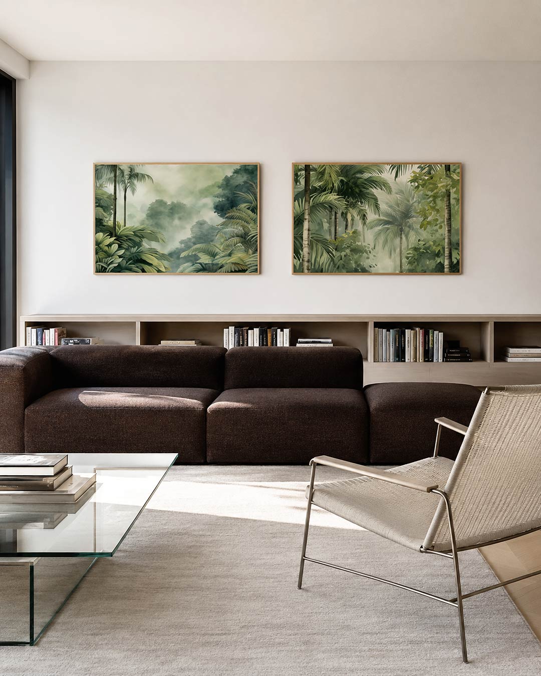 Tweedelige posterset met weelderige groene bladeren en hoge palmbomen, getoond in een interieur