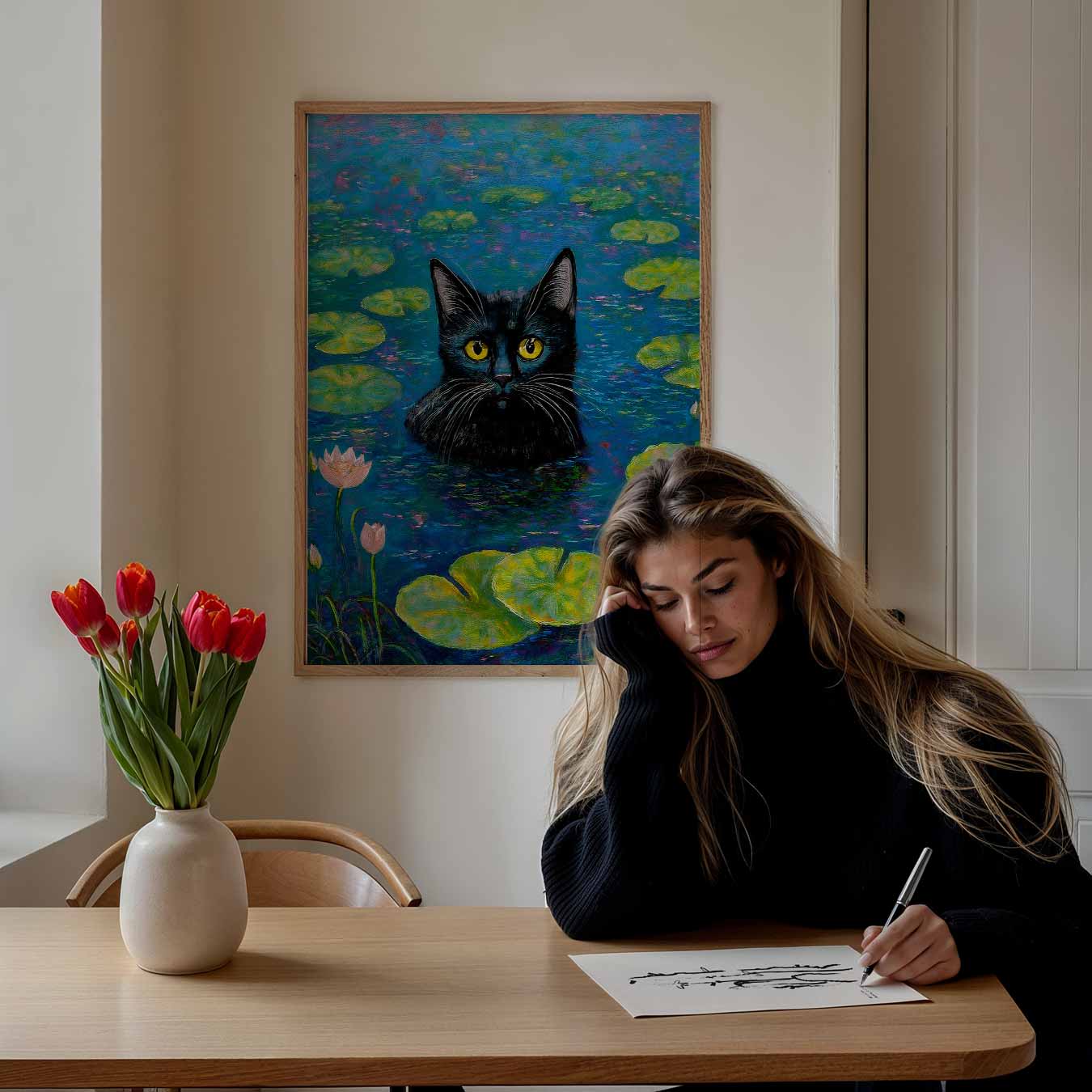 Mystieke Zwarte Kat op Waterlelies Poster-WallArtistic