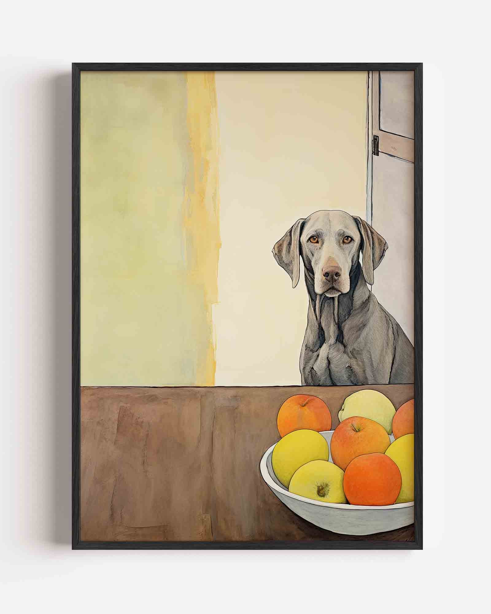 Hond en fruit op tafel Poster