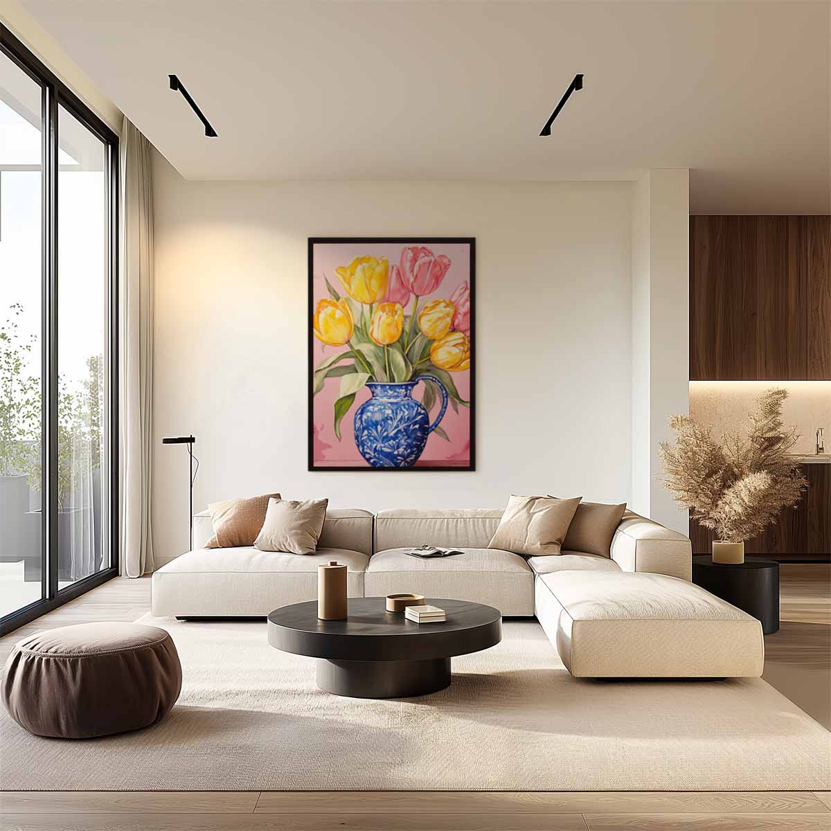 Bont Tulpenboeket in Blauwe Vaas Kunstwerk-canvas-dibond-plexiglas-wanddecoratie-WallArtistic