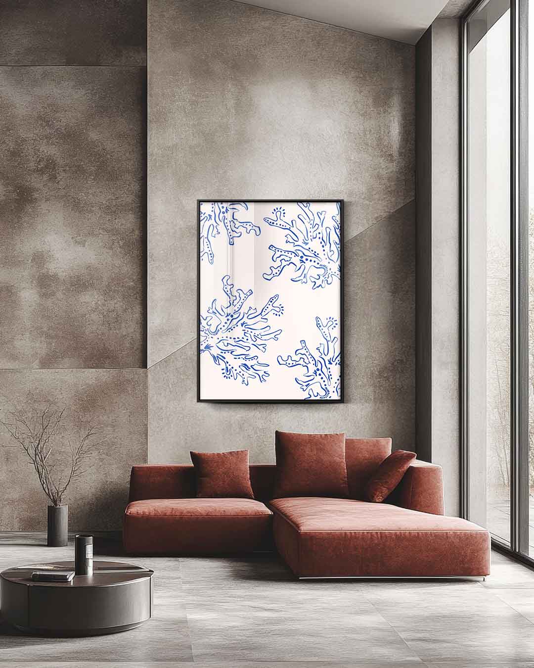 Abstracte Blauwe Koraalpatroon Kunstwerk-canvas-dibond-plexiglas-wanddecoratie-WallArtistic
