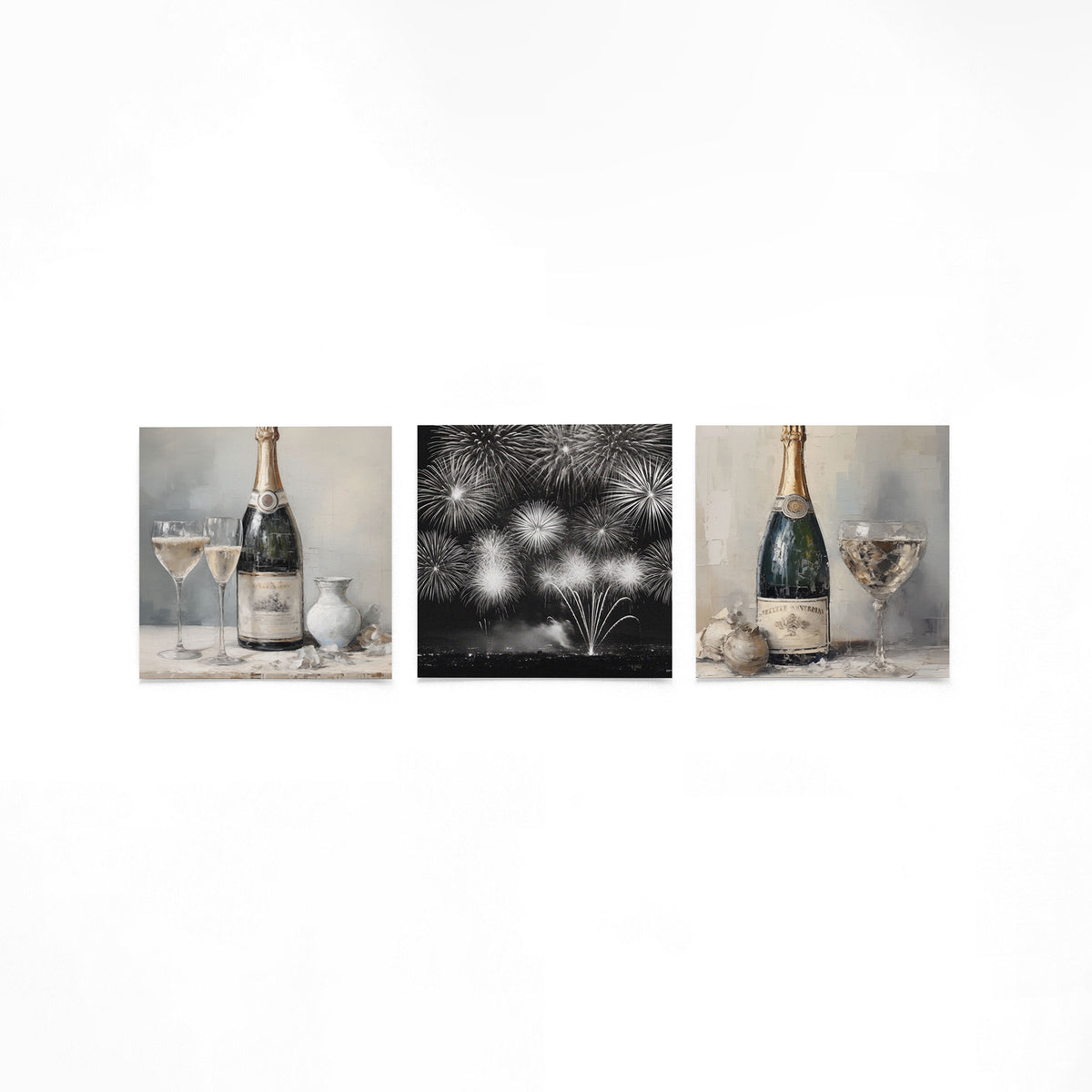 Drie vierkante posters met champagne en vuurwerk op een gebroken witte achtergrond
