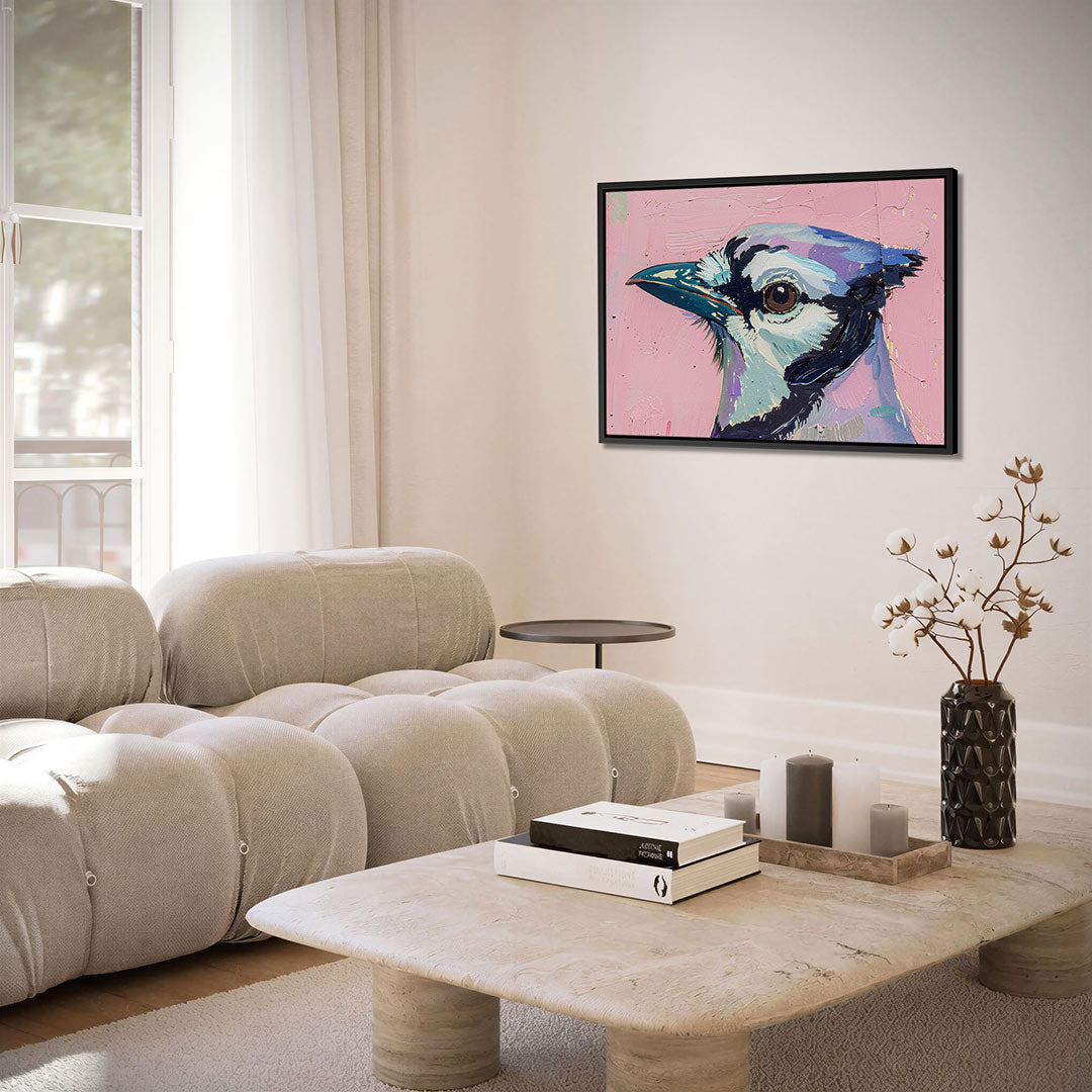 Vogelhoofd op roze Kunstwerk