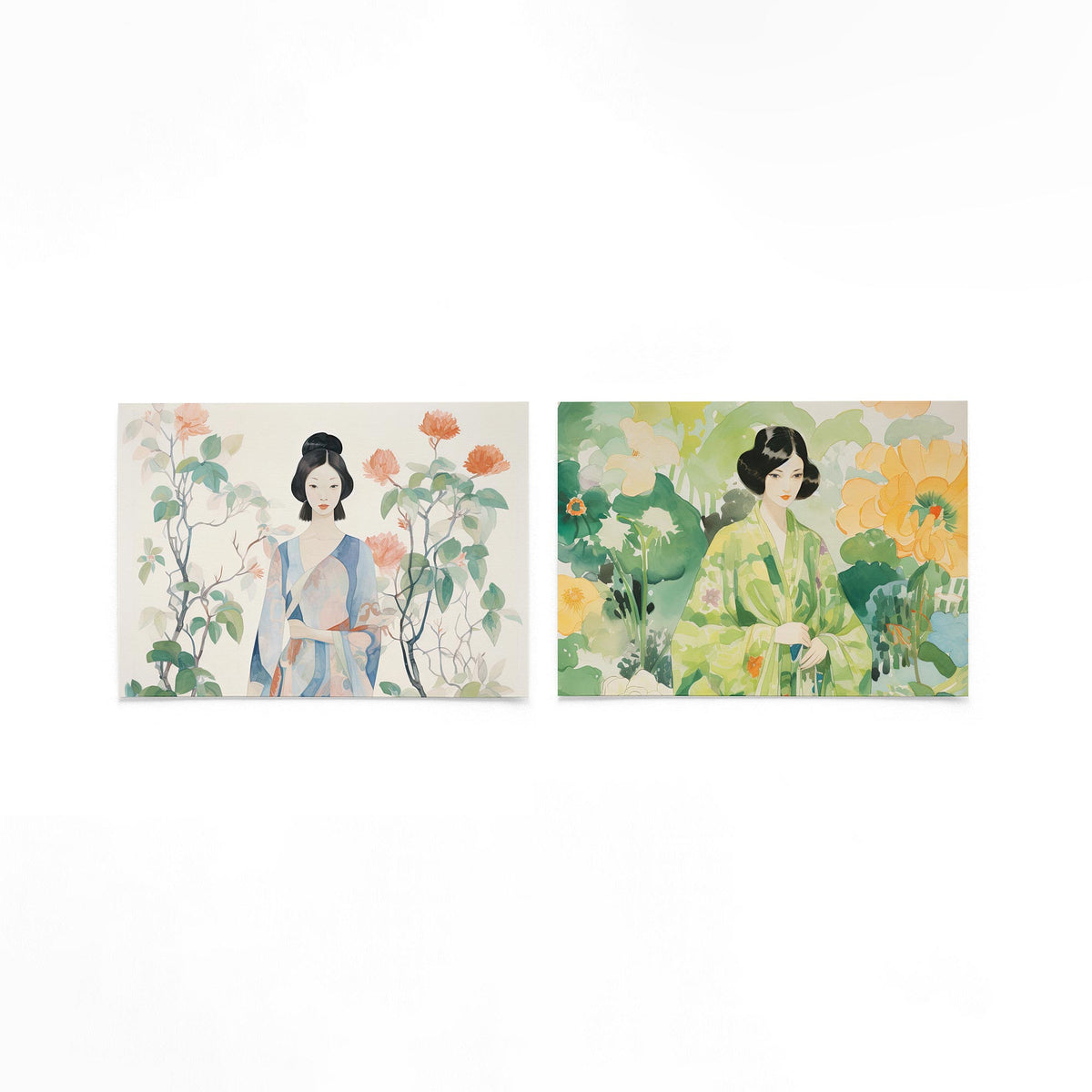 Twee liggende posters met een vrouw tussen bloemen en bladeren in zachte pasteltinten op een gebroken witte achtergrond