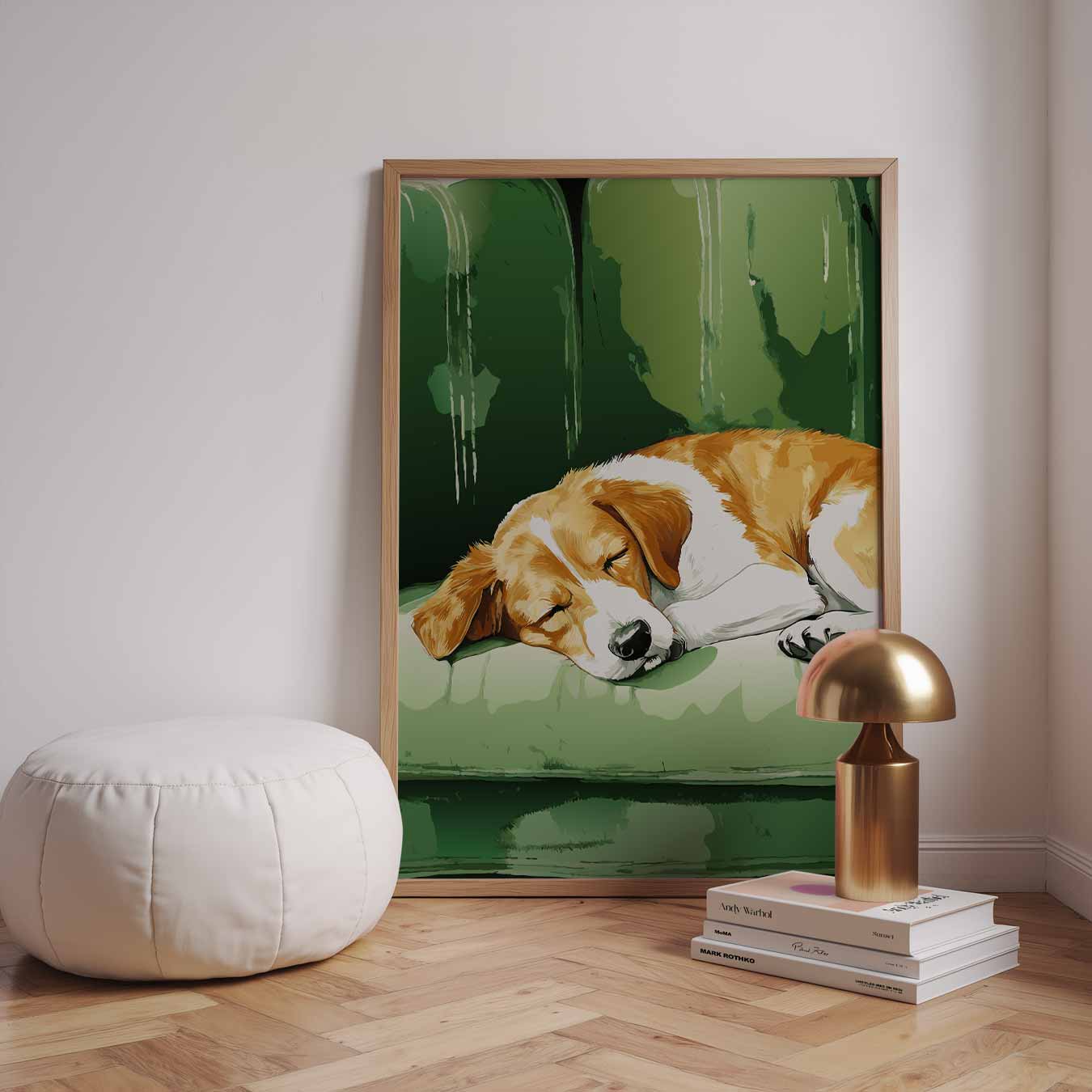 Slapende Hond op Groene Bank Poster-WallArtistic