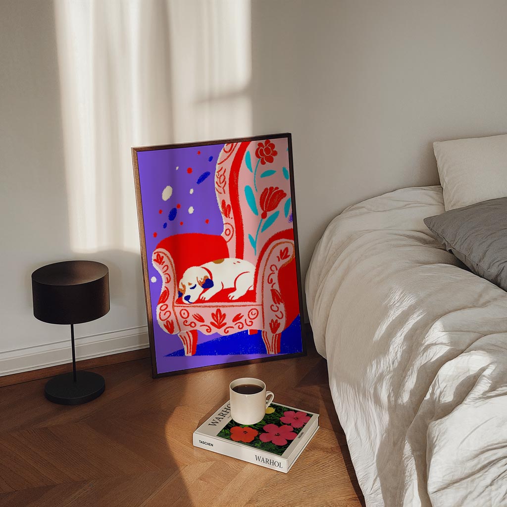 Dromerige Puppy op Bloemrijke Fauteuil Poster-WallArtistic