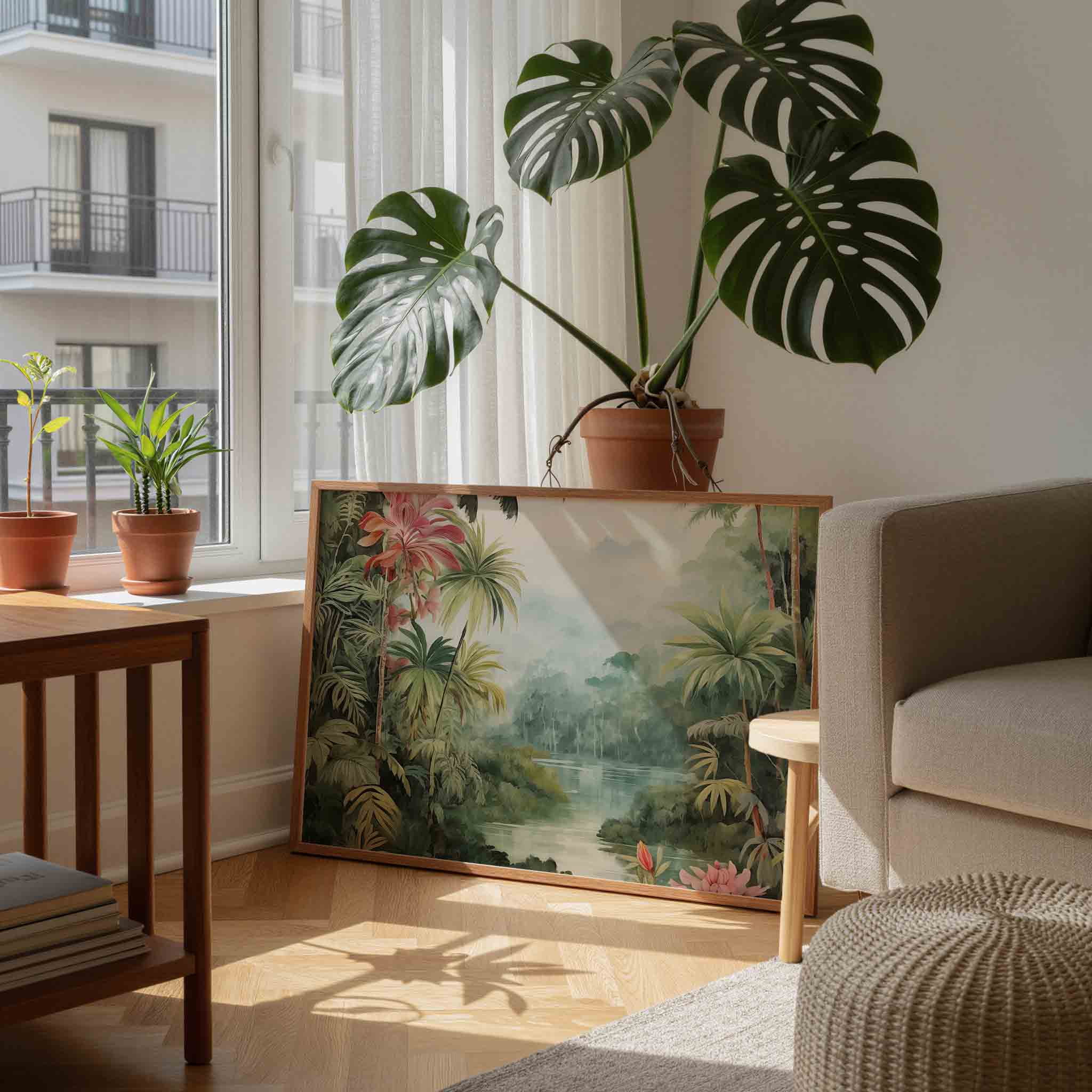 Tropische planten en mistige rivier Poster