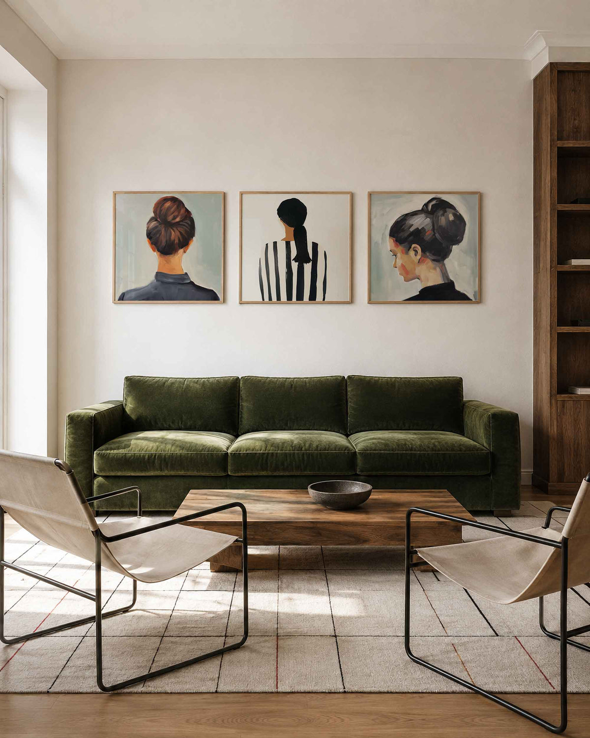 Interieurpresentatie van een driedelige vierkante posterset met vrouwenportretten