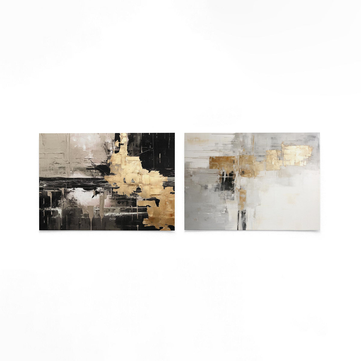 Twee liggende posters met goud en zwart op een gebroken witte achtergrond