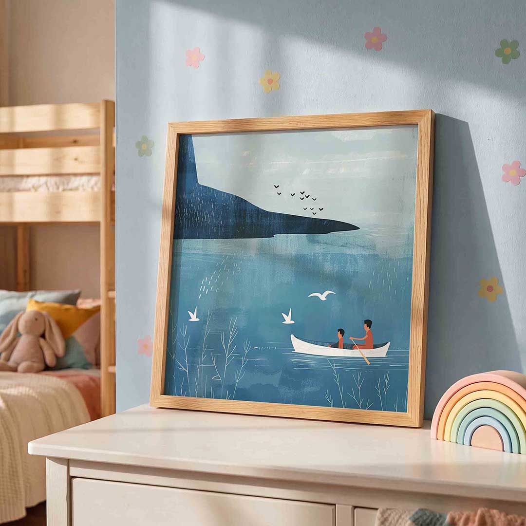 Roeiboot op blauwe zee Poster