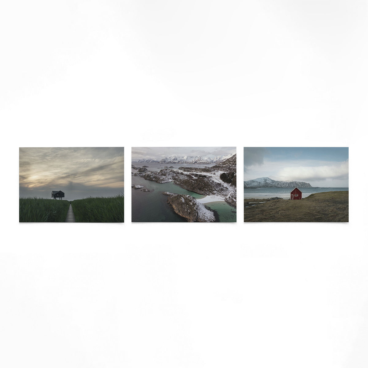 Productfoto van drie liggende posters met noordelijke kuststilte – Gerald Emming