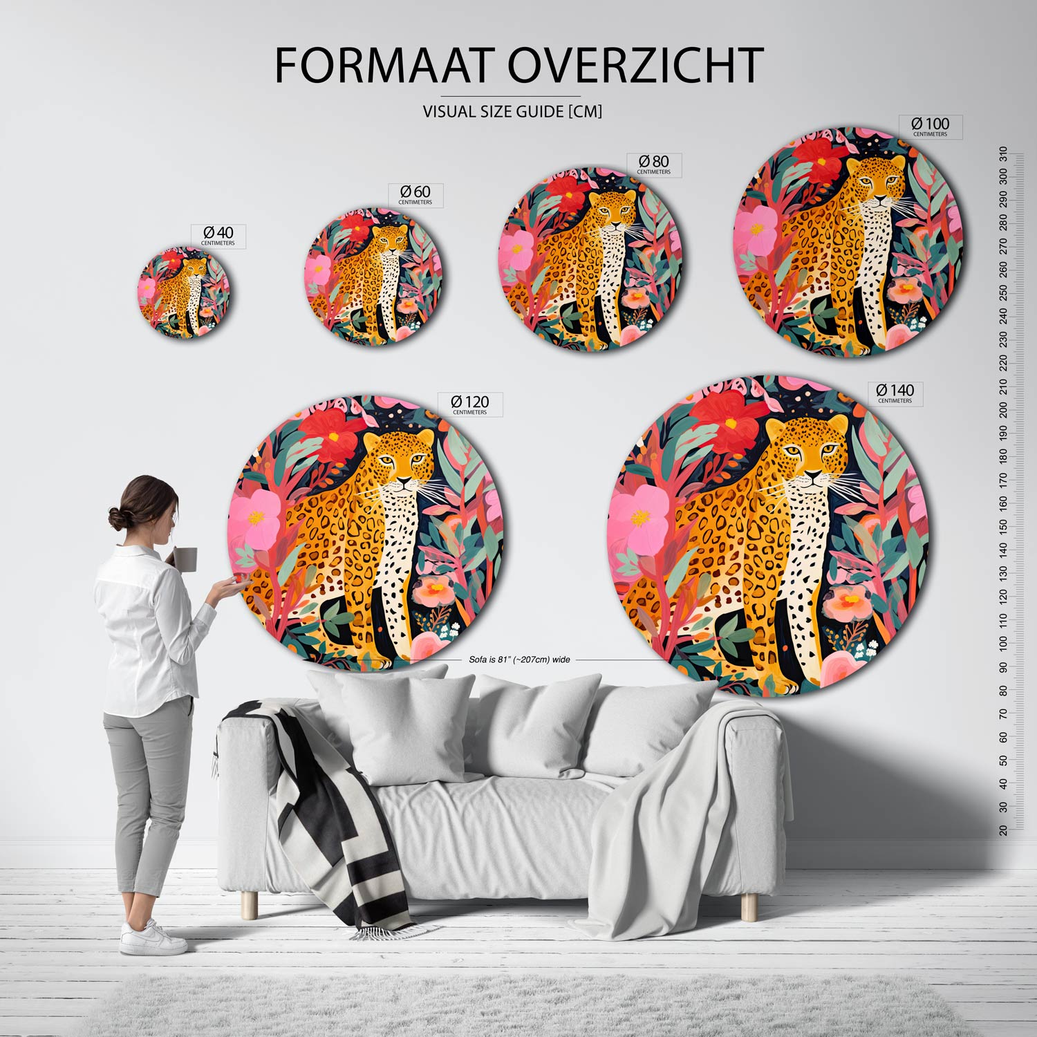 Luipaard tussen bloemen Muurcirkel