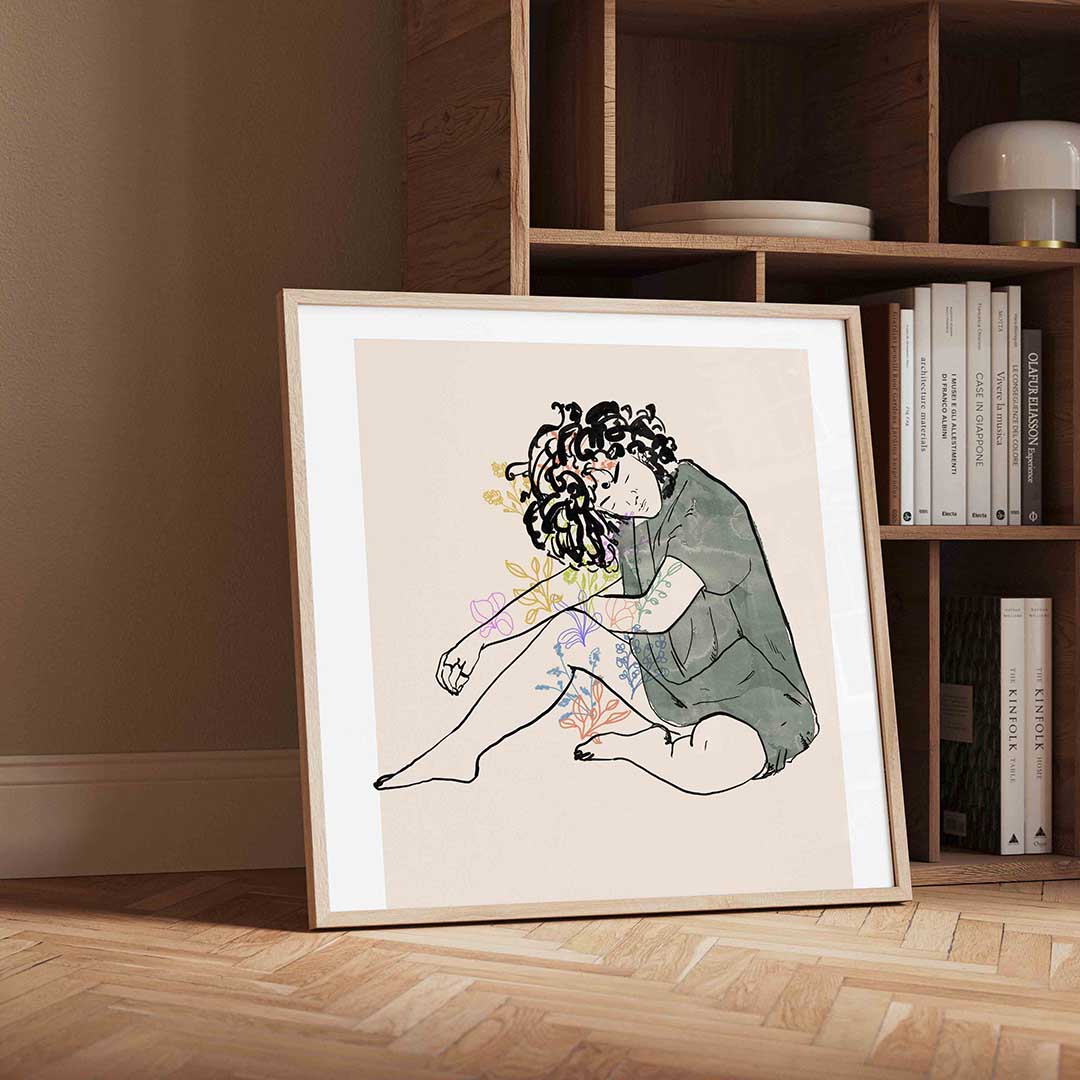 Zittende figuur met bloemen Poster