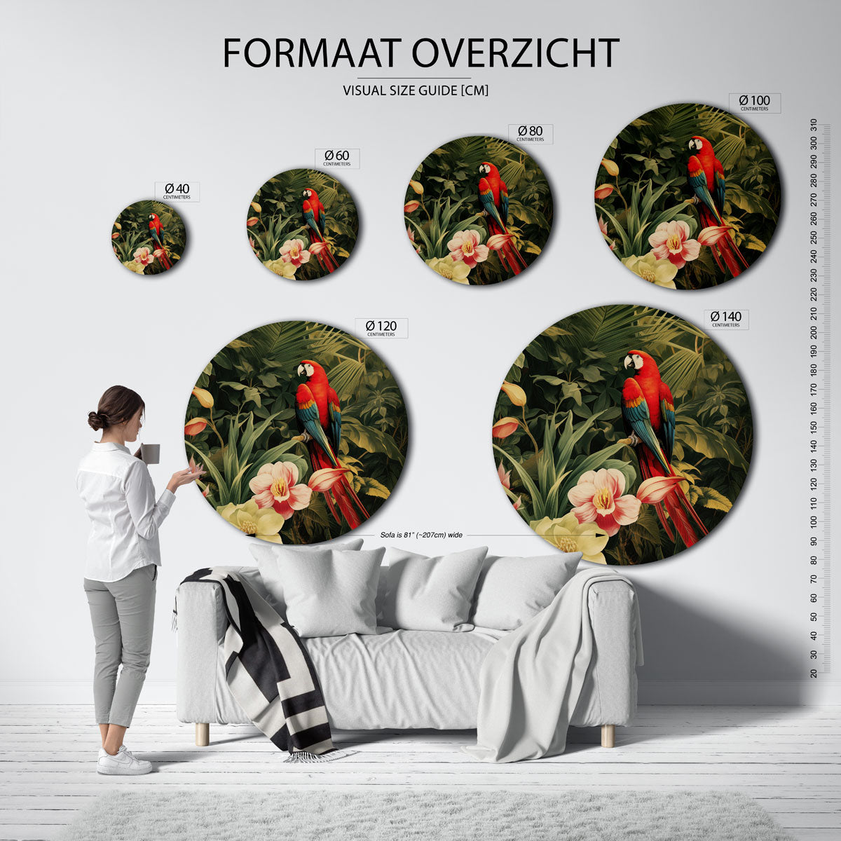 Papegaai en bloemen Muurcirkel