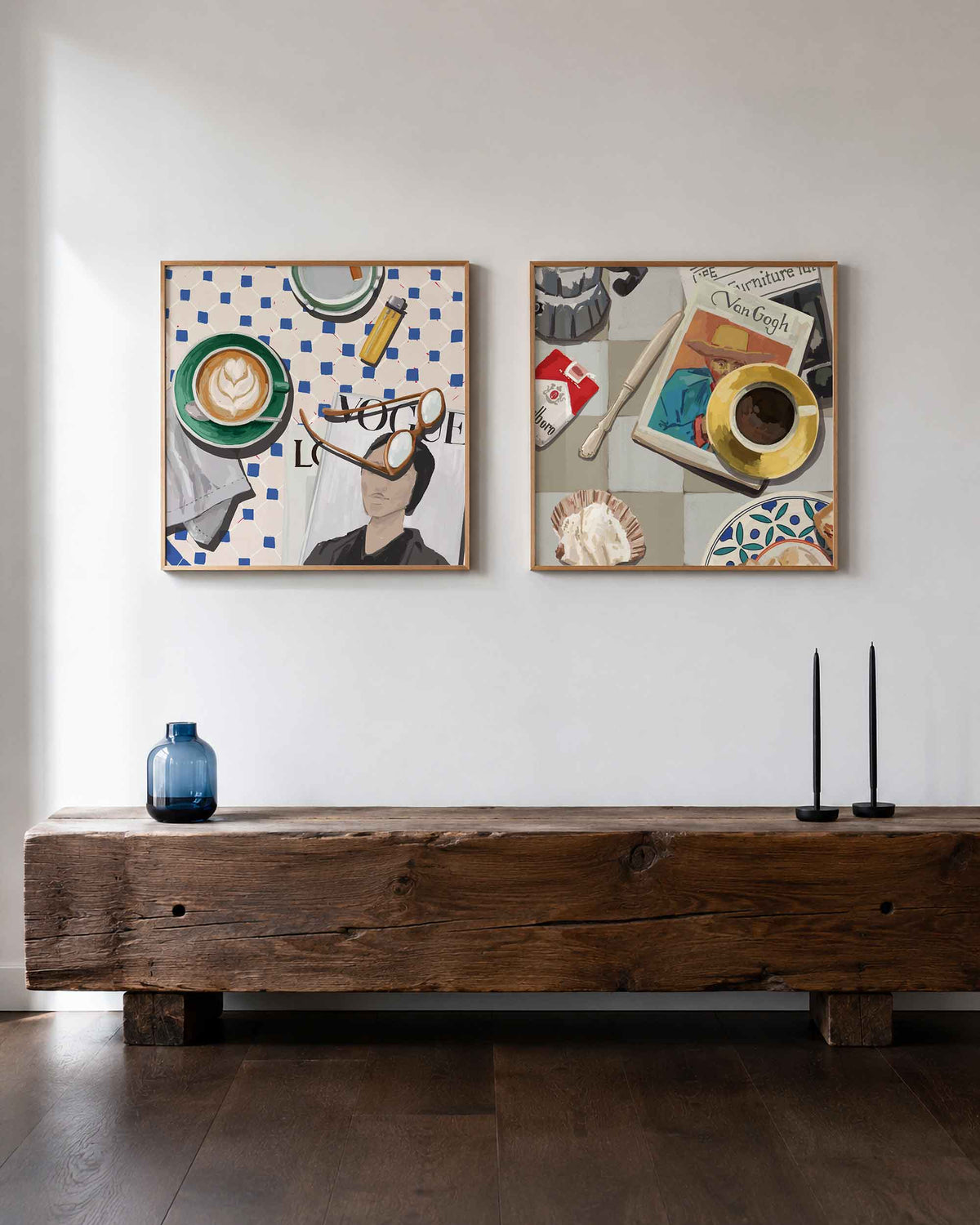 Interieurpresentatie van een tweedelige vierkante posterset met koffie en van gogh