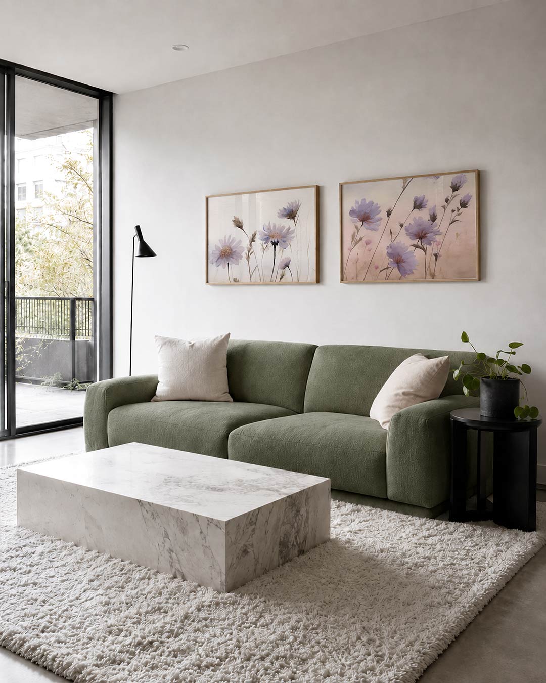Twee liggende posters met delicate bloemen in zachte pastelkleuren, aan de muur in een interieur