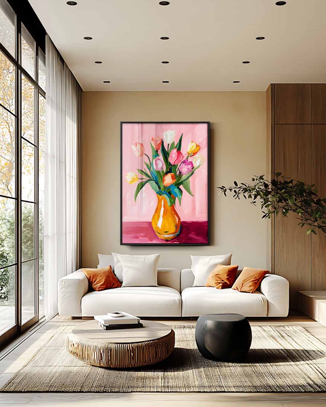 Vrolijk Tulpenboeket op Roze Achtergrond Kunstwerk-canvas-dibond-plexiglas-wanddecoratie-WallArtistic