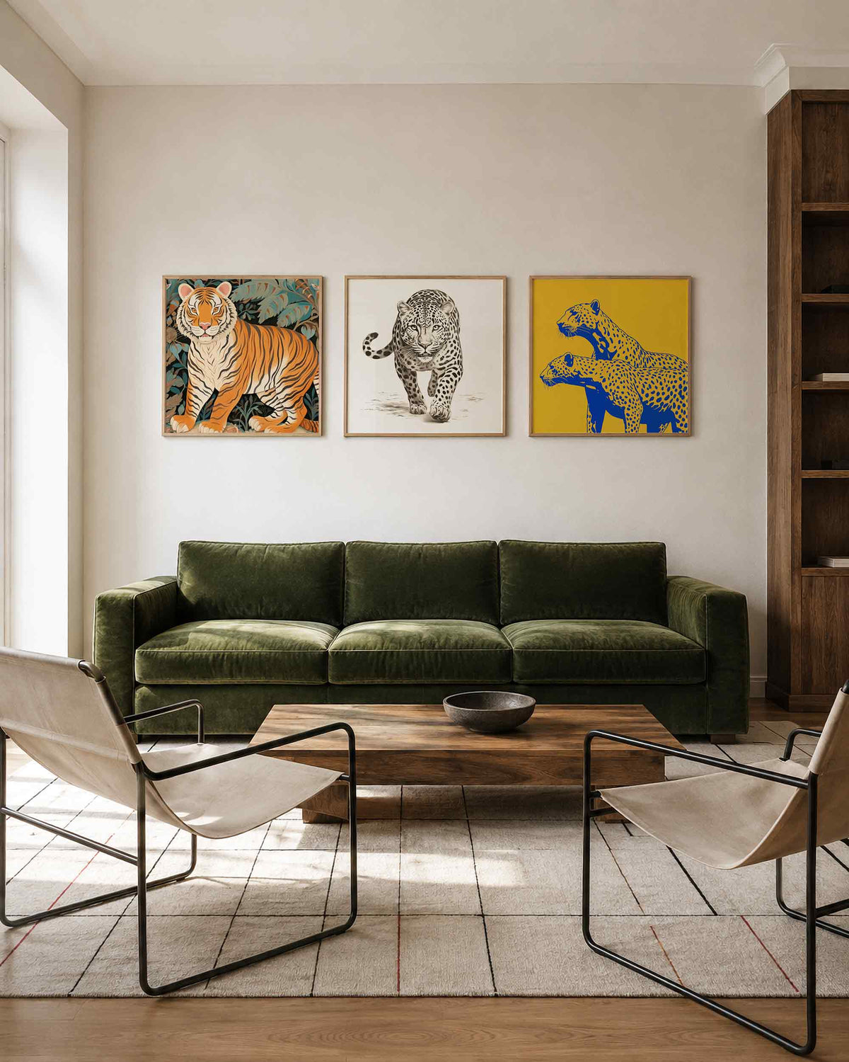 Interieurpresentatie van een driedelige vierkante posterset met tijgers en luipaarden