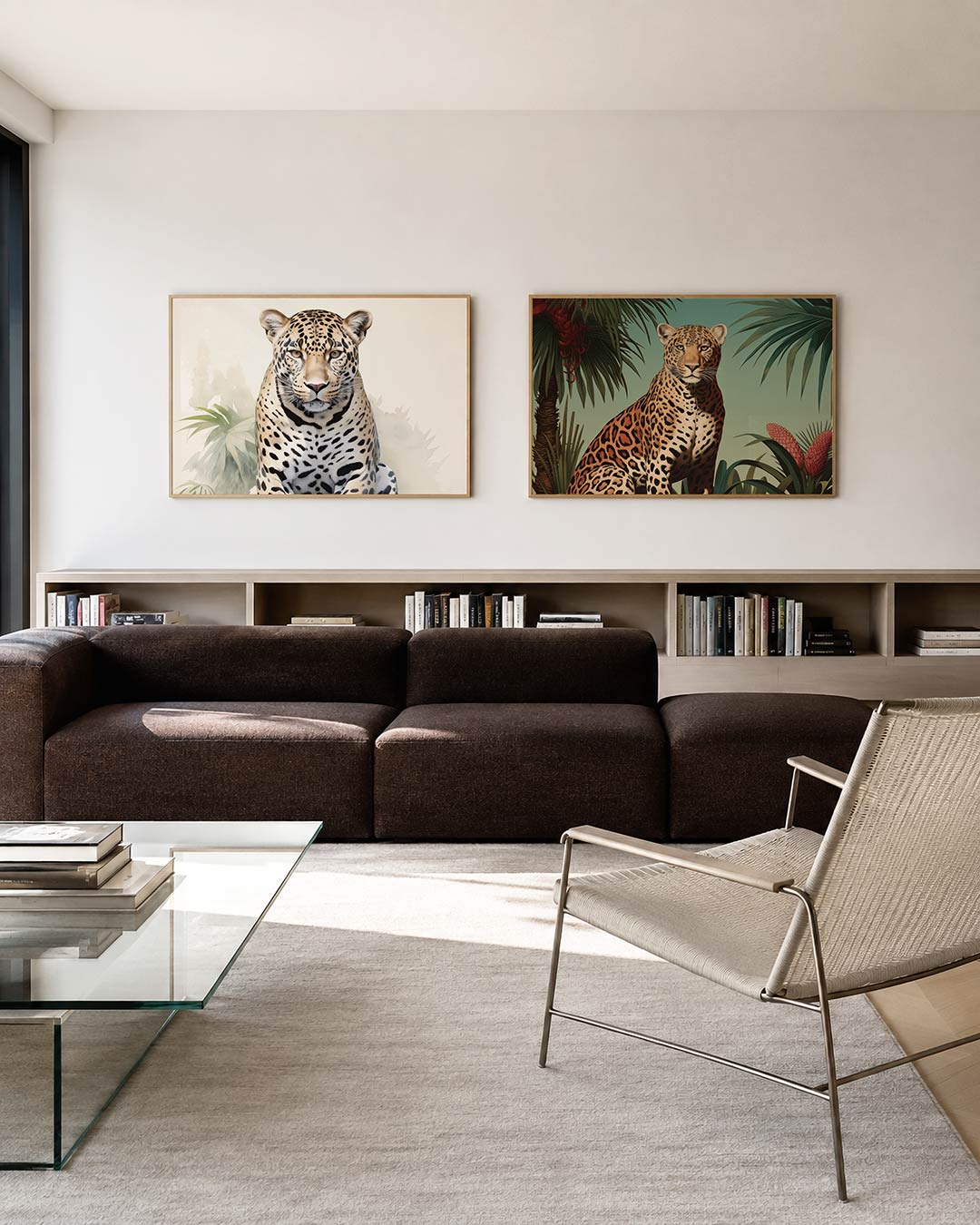 Twee liggende posters met een luipaard tussen groene bladeren tegen een lichte achtergrond, aan de muur in een interieur