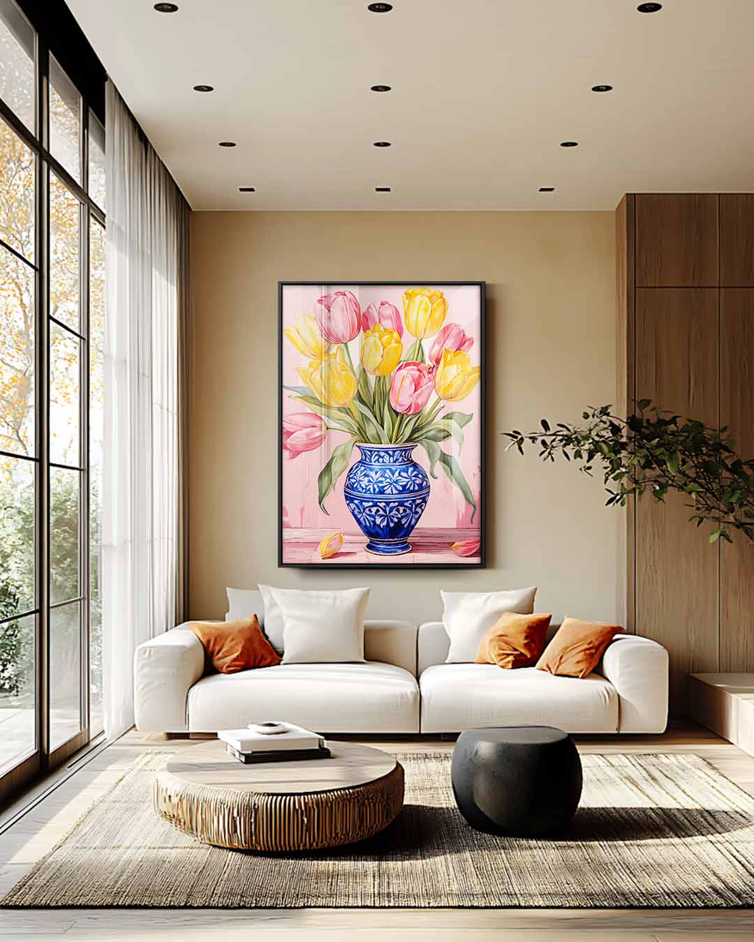 Stralende Tulpen in Blauwe Vaas Kunstwerk-canvas-dibond-plexiglas-wanddecoratie-WallArtistic
