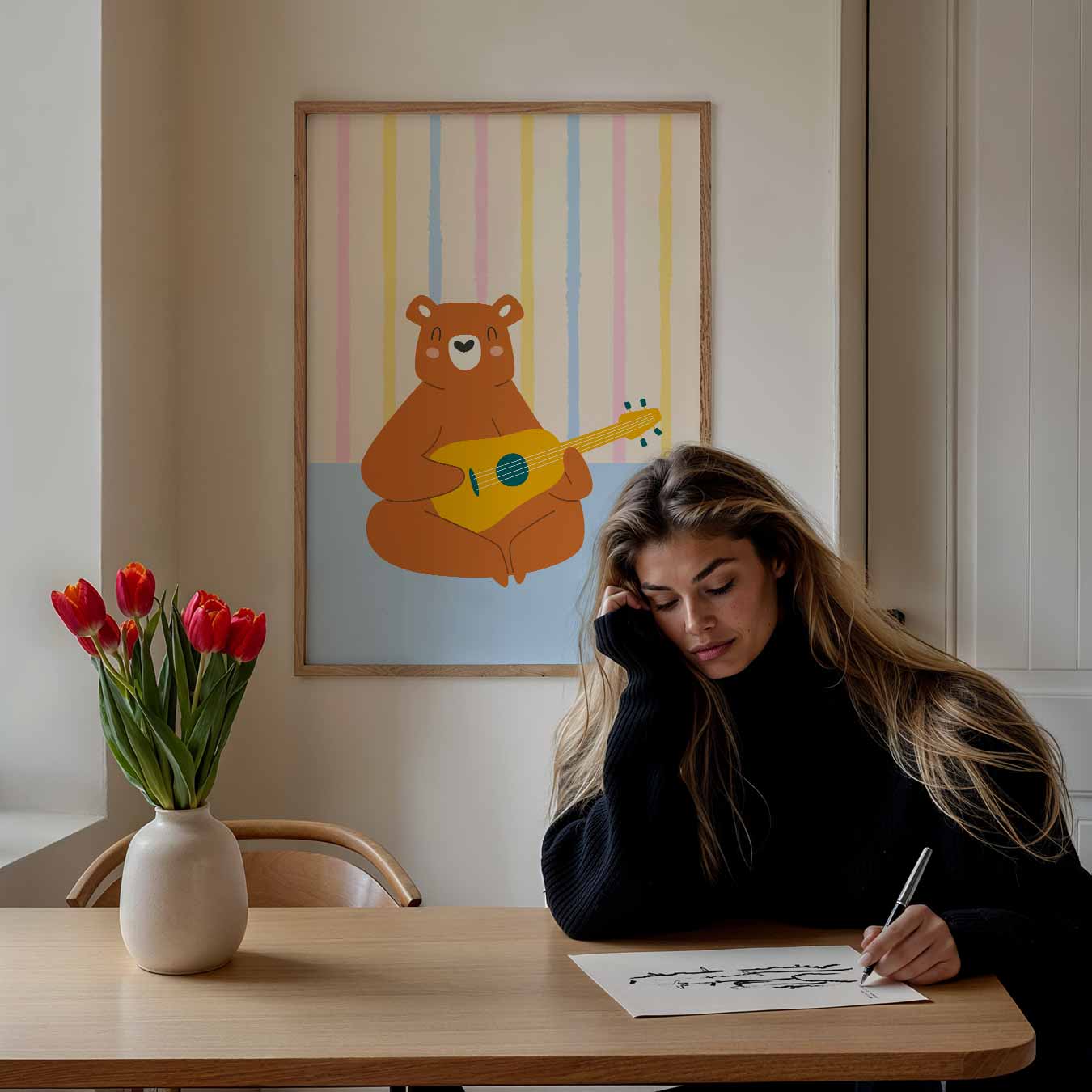 Vrolijke Beer Met Gitaar Poster-WallArtistic