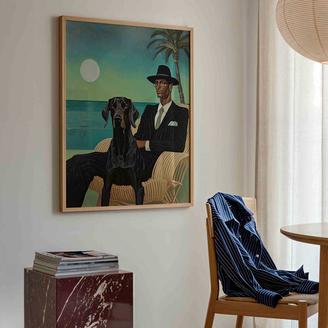 Man met hond en palmboom Poster