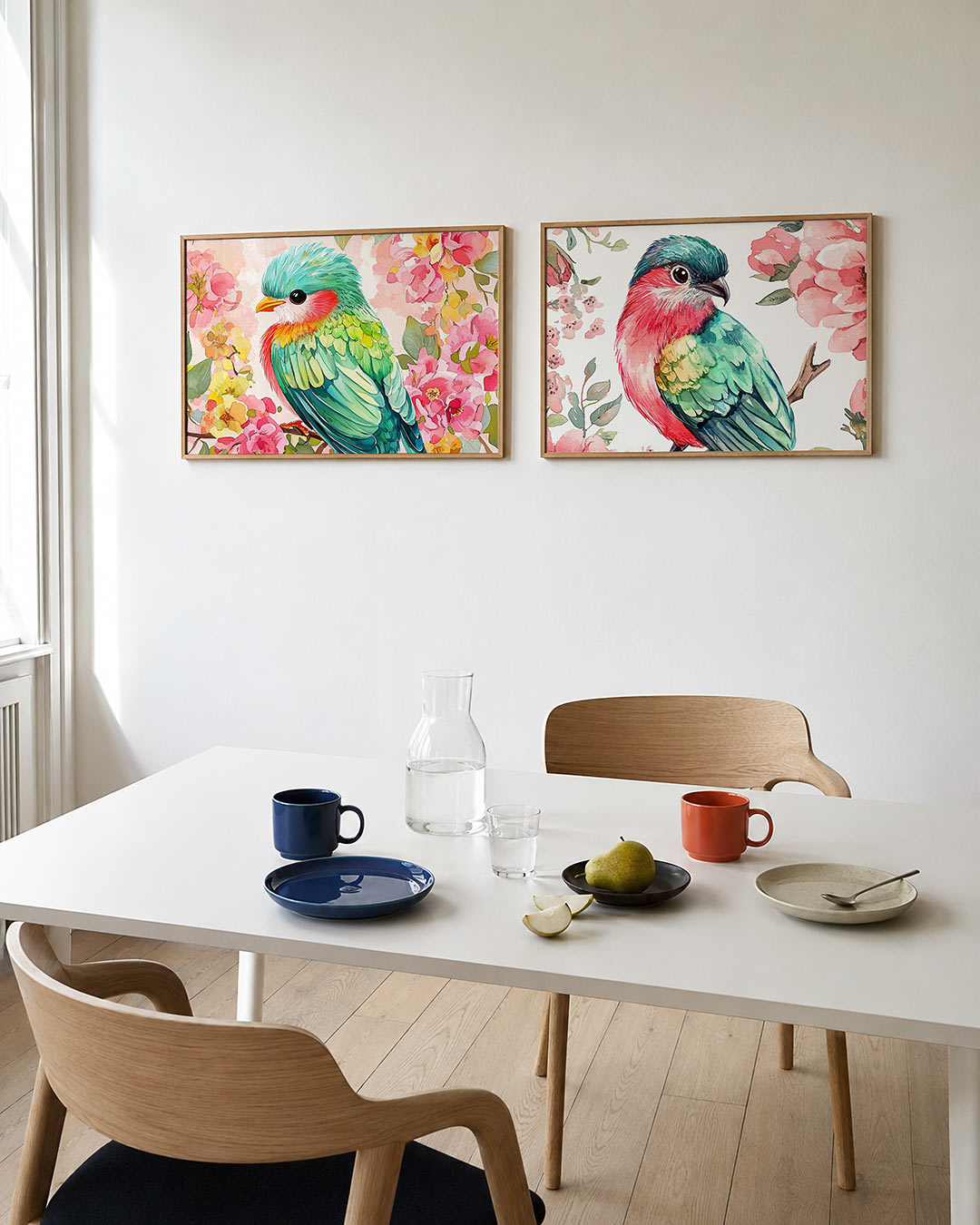 Interieurpresentatie van twee posters met een levendige vogel met turquoise en groene veren