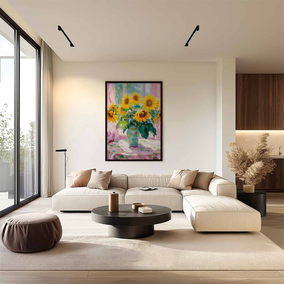 Zonnige Zonnebloemen in Vensterlicht Kunstwerk-canvas-dibond-plexiglas-wanddecoratie-WallArtistic