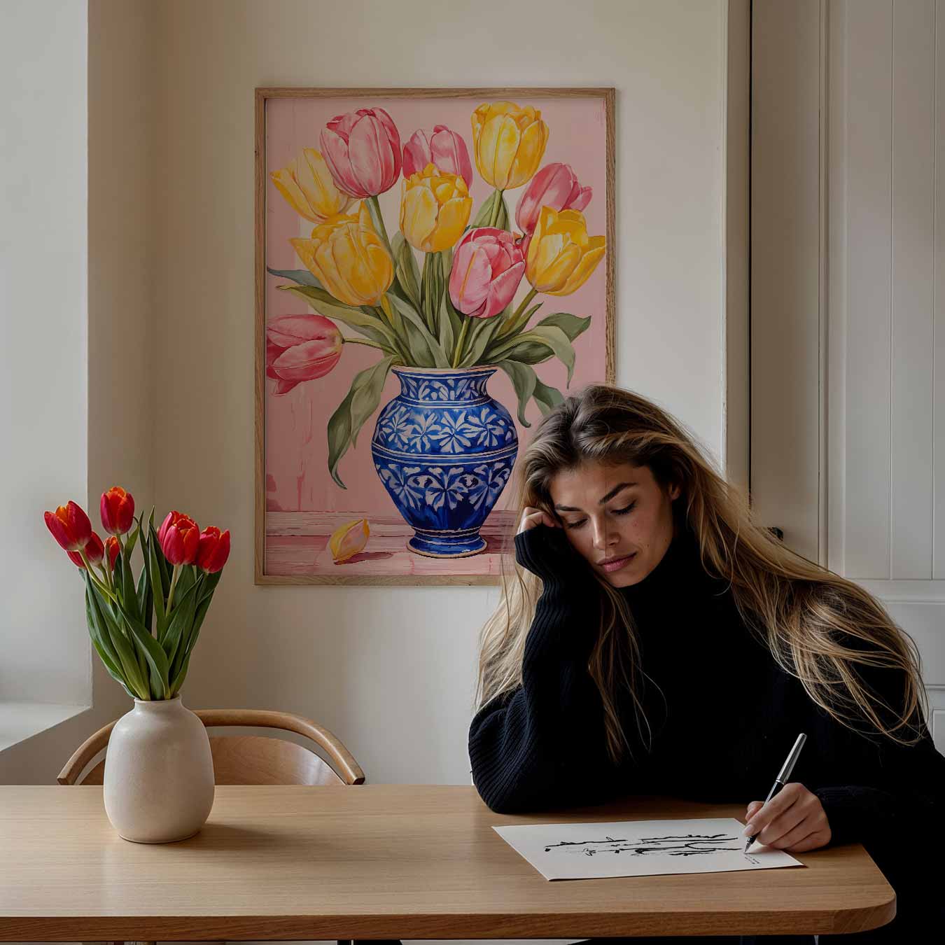 Bloeiende Tulpen in Blauwe Vaas Poster-WallArtistic