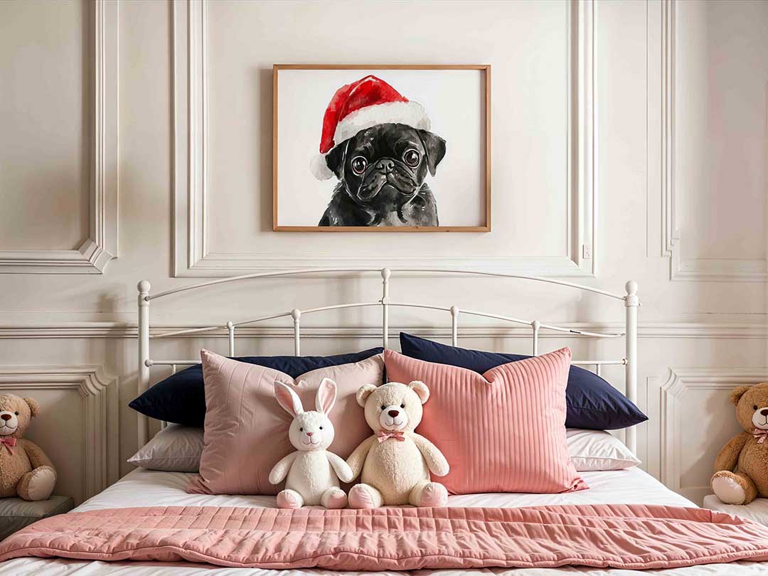 Mopshond met kerstmuts Poster