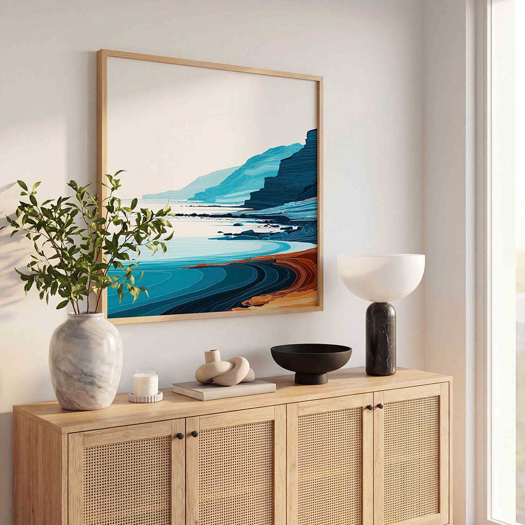Kustlijn met blauwe en oranje tinten Poster