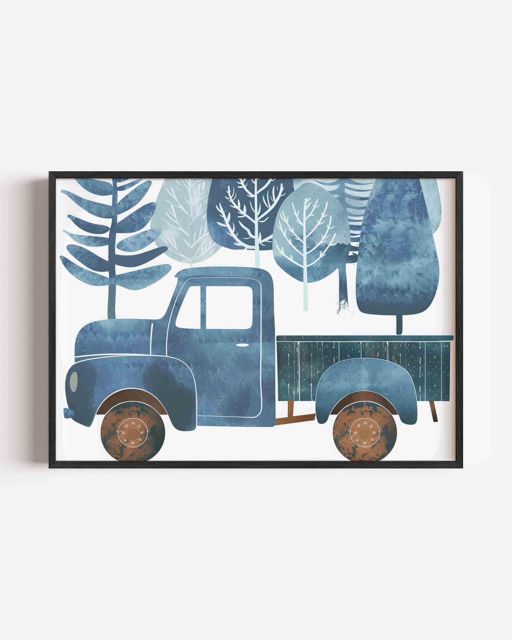 Blauwe vrachtwagen met bomen Poster