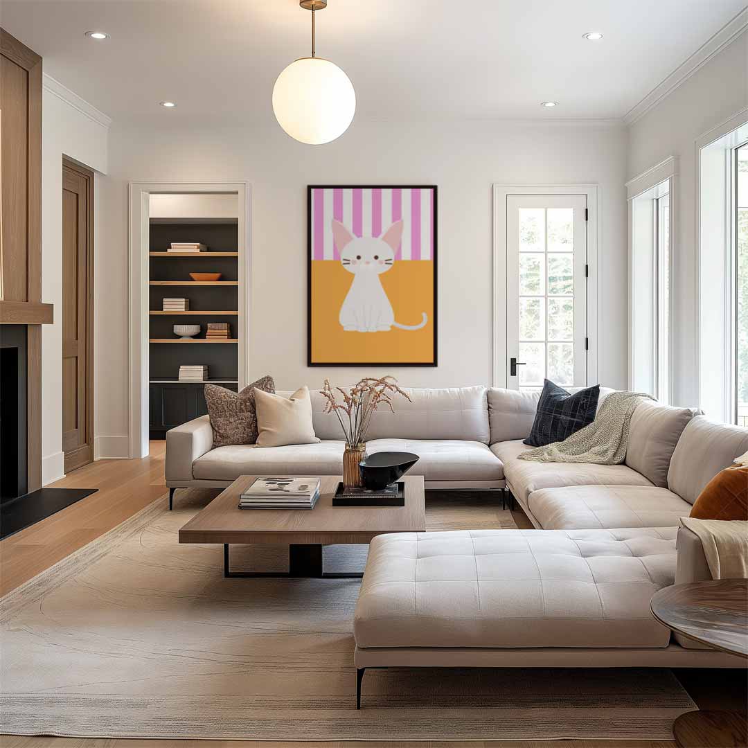 Schattige Kat op Streepjesachtergrond Kunstwerk-canvas-dibond-plexiglas-wanddecoratie-WallArtistic