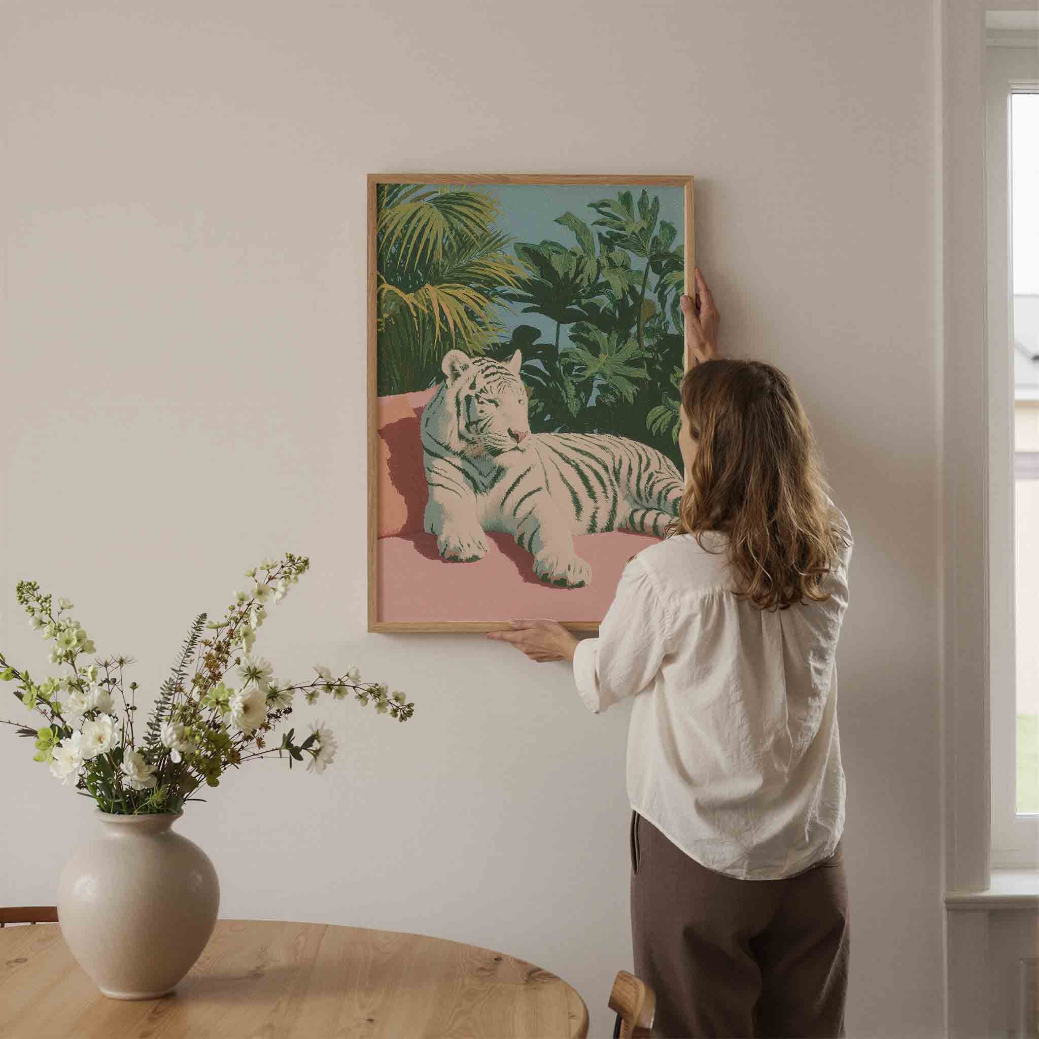 Witte tijger met bladeren Poster