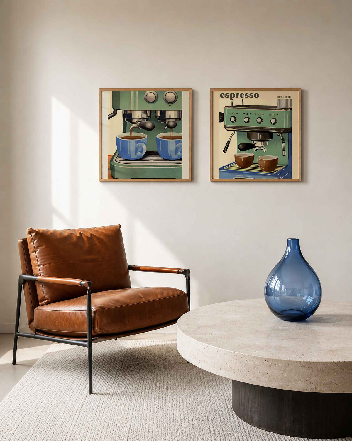Interieurpresentatie van een tweedelige vierkante posterset met espressomachine