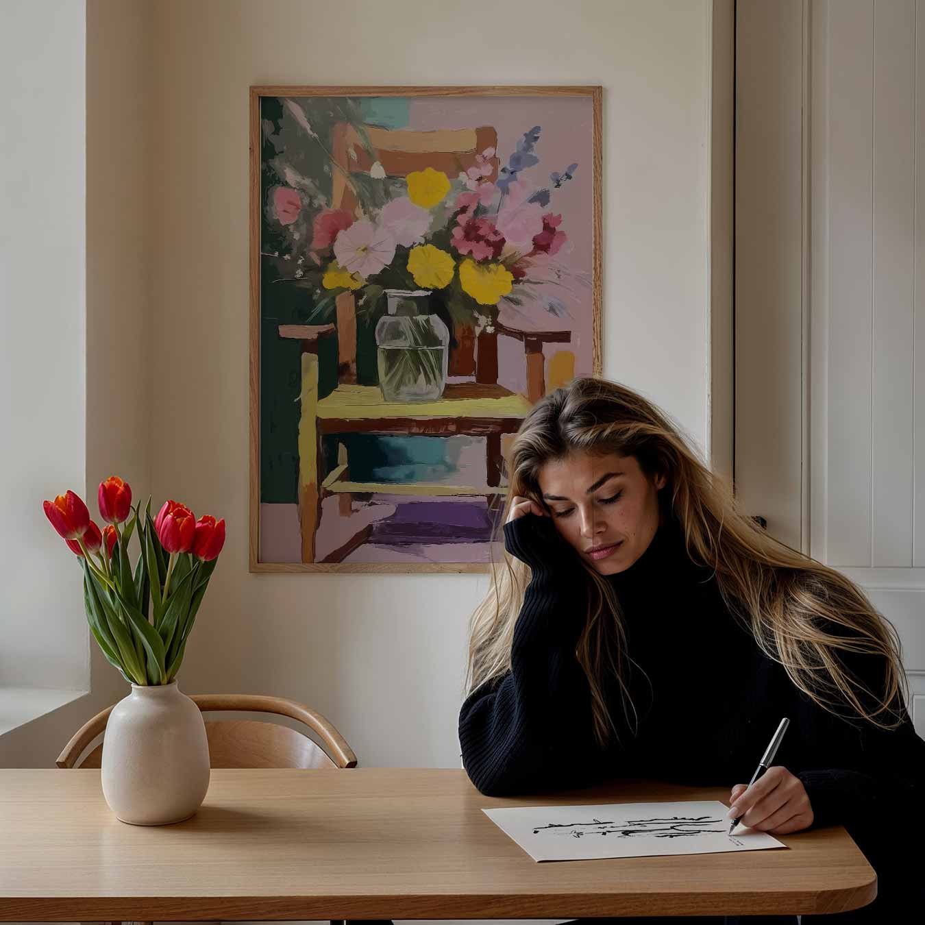 Romantische Bloemenpracht op Houten Stoel Poster-WallArtistic