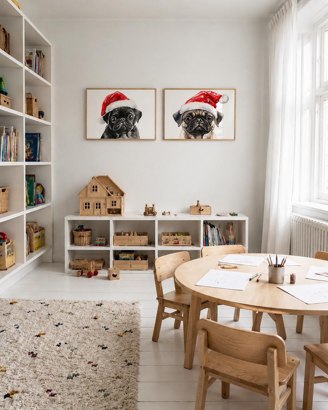 Tweedelige posterset met donkere tinten en een rustige visuele opbouw, getoond in een interieur